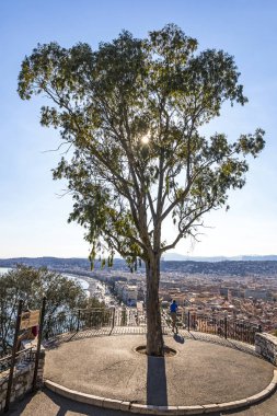 Nice şehir, Fransa hava yaz Panoraması. Fransız Rivierası'nın lüks resort. Castle Hill Park (Parc de la Colline du Chateau) görüntüleyin. Arkadan aydınlatmalı görünümü