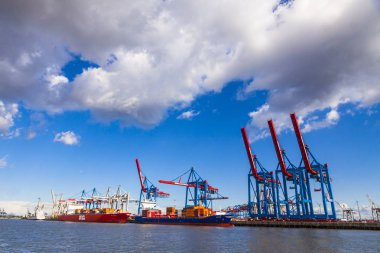 Hamburg, Almanya - 25 Haziran 2014: Vinçler, Hamburg Liman (Hamburger Hafen, Terminal Burchardkai) Elbe Nehri, Almanya üzerinde. Almanya ve Avrupa'nın en işlek noktalarından birini en büyük limanı