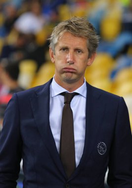 Kiev, Ukrayna - 28 Ağustos 2018: Afc Ajax CEO'su Edwin van der Sar Fc Dinamo Kiev Kiev, Ukrayna Milli Güvenlik Olimpiyskyi Stadyumu'nda karşı Uefa Şampiyonlar Ligi play-off oyun sırasında görünüyor