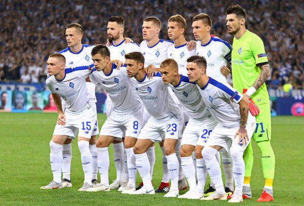 KYIV, UKRAINE - AUGUST 28, 2018: FC Dynamo Kyiv players pose for a group photo before the UEFA Champions League play-off game against AFC Ajax at NSC Olimpiyskyi stadium in Kyiv, Ukraine