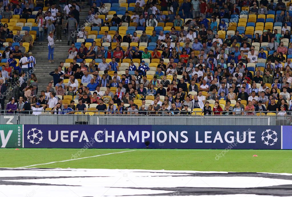 KYIV, UKRAINE - AUGUST 28, 2018: UEFA Champions League billboard seen at the NSC Olimpiyskyi stadium in Kyiv during the UEFA Champions League play-off game FC Dynamo Kyiv v AFC Ajax