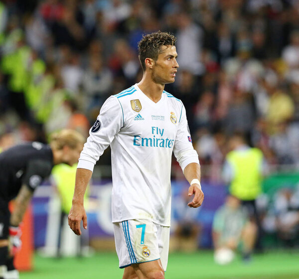 KYIV, UKRAINE - MAY 26, 2018: Portrait of Real Madrid player Cristiano Ronaldo during the UEFA Champions League Final 2018 game against Liverpool at NSC Olimpiyskiy Stadium in Kyiv