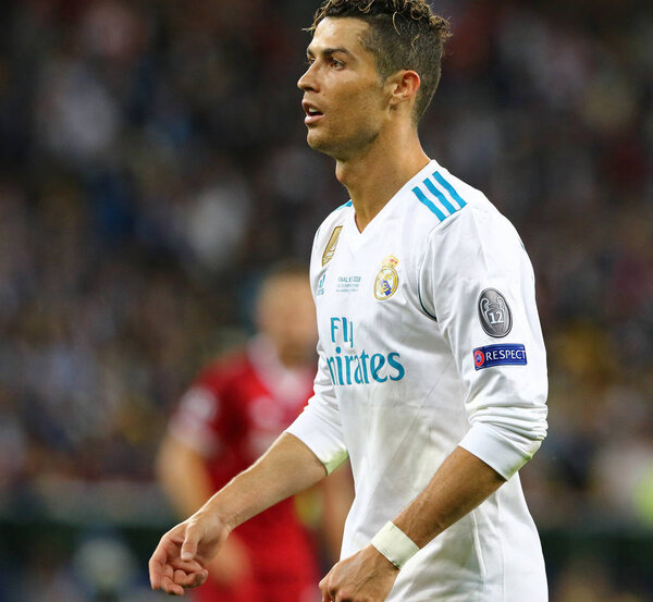 KYIV, UKRAINE - MAY 26, 2018: Portrait of Real Madrid player Cristiano Ronaldo during the UEFA Champions League Final 2018 game against Liverpool at NSC Olimpiyskiy Stadium in Kyiv