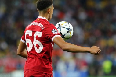 Kiev, Ukrayna - 26 Mayıs 2018: Trent Alexander-Arnold Liverpool karşı Kiev Milli Güvenlik Olimpiyskiy stadyum Real Madrid Uefa Şampiyonlar Ligi Final 2018 oyun sırasında eylem. Liverpool 1-3 kaybetti