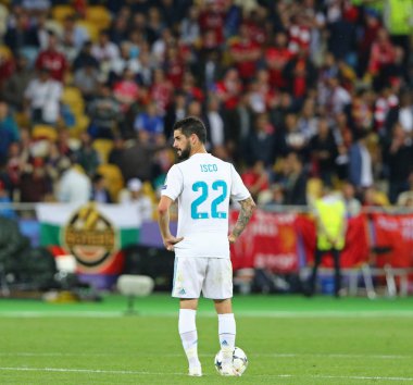 Kiev, Ukrayna - 26 Mayıs 2018: Real Madrid Çifleşme başladı-topu Liverpool Kiev Milli Güvenlik Olimpiyskiy adlı karşı Uefa Şampiyonlar Ligi Final 2018 oyun sırasında kapalı. Fenerbahçe 3-1 kazandı