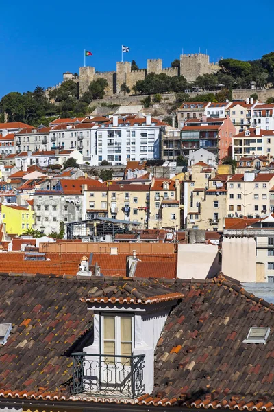 Antenowe Panoramę Starego Miasta Lizbonie Portugalia Zamku Sao Jorge Okolic — Zdjęcie stockowe