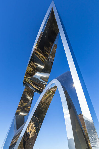 COMO, ITALY - DECEMBER 2, 2016: View of Stainless steel sculpture Life Electric created by Daniel Libeskind situated on the Lake Como in Como city, Lombardy, Italy