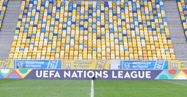 Lviv, Ukrayna - 9 Eylül 2018: Uefa Milletler Ligi billboard Arena Lviv Stadı'nda Uefa Milletler Ligi oyun Ukrayna v Slovakya sırasında gördüm. UEFA Milletler Ligi bir bienal futbol yarışmasıdır