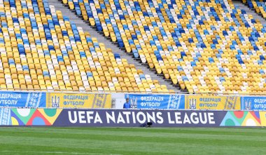 Lviv, Ukrayna - 9 Eylül 2018: Uefa Milletler Ligi billboard Arena Lviv Stadı'nda Uefa Milletler Ligi oyun Ukrayna v Slovakya sırasında gördüm. UEFA Milletler Ligi bir bienal futbol yarışmasıdır