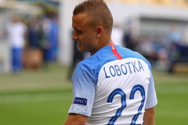 Lviv, Ukrayna - 9 Eylül 2018: Portre Slovak futbolcu Stanislav Lobotka Ukrayna Lviv Arena Lviv Stadyumu'nda karşı Uefa Milletler Ligi oyun sırasında. Ukrayna 1-0 kazandı