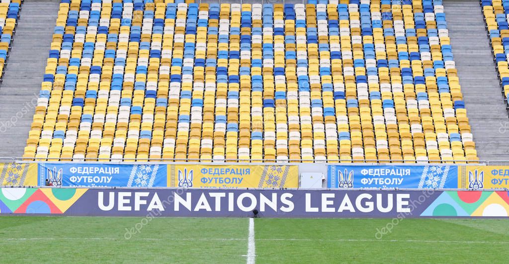 LVIV, UKRAINE - SEPTEMBER 9, 2018: UEFA Nations League billboard seen at Arena Lviv stadium during UEFA Nations League game Ukraine v Slovakia. UEFA Nations League is a biennial football competition