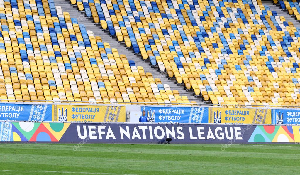 LVIV, UKRAINE - SEPTEMBER 9, 2018: UEFA Nations League billboard seen at Arena Lviv stadium during UEFA Nations League game Ukraine v Slovakia. UEFA Nations League is a biennial football competition
