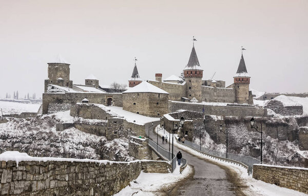 Winter view of Medieval fortress of Kamyanets-Podilsky, Western Ukraine