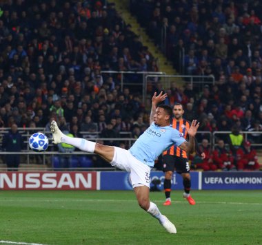 Kharkiv, Ukrayna - 23 Ekim 2018: Gabriel İsa'nın Manchester City karşı Shakhtar Donetsk Osk Metalist Kharkiv stadyum Uefa Şampiyonlar Ligi oyun sırasında eylem. Mancity 3-0 kazandı
