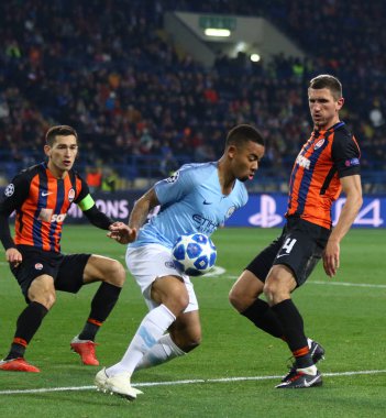 Kharkiv, Ukrayna - 23 Ekim 2018: Gabriel İsa'nın Manchester City (C) karşı Shakhtar Donetsk Osk Metalist Kharkiv stadyum Uefa Şampiyonlar Ligi oyun sırasında eylem. Mancity 3-0 kazandı