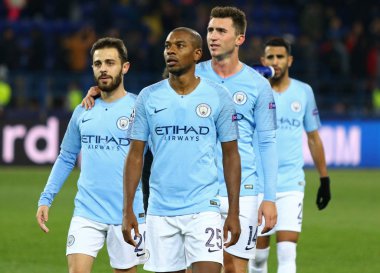 Kharkiv, Ukrayna - 23 Ekim 2018: Manchester City oyuncular Shakhtar Donetsk Osk Metalist Kharkiv, Ukrayna stadyum Uefa Şampiyonlar Ligi maçında kazandıktan sonra kutlamak. Mancity 3-0 kazandı