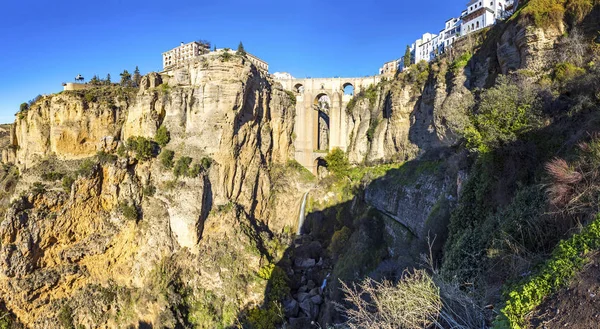 Panoramic View Puente Nuevo Bridge Old Houses Built Edge Cliff — Stock Photo, Image