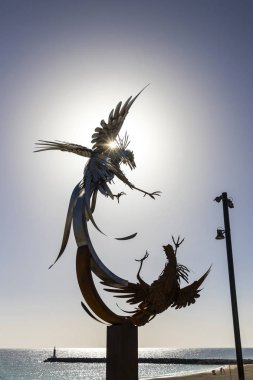 Puerto del Rosario, İspanya - 6 Aralık 2018: sahil mesire Puerto demir kentindeki Fuerteventura, Kanarya Adaları, horoz dövüşü heykel. Kasabanın, çeşitli parçalar ekranda 50'den fazla heykel ile bir açık hava heykel parkı olduğunu