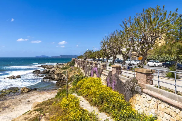 海の遊歩道とイタリア サルデーニャ島アルゲーロ市の古い壁の日当たりの良い眺め 地中海の海岸 — ストック写真
