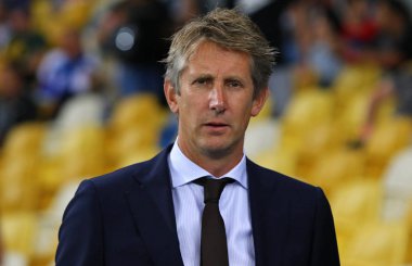 Kiev, Ukrayna - 28 Ağustos 2018: Afc Ajax CEO'su Edwin van der Sar Fc Dinamo Kiev Kiev, Ukrayna Milli Güvenlik Olimpiyskyi Stadyumu'nda karşı Uefa Şampiyonlar Ligi play-off oyun sırasında görünüyor