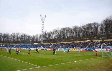 Kiev, Ukrayna - 20 Şubat 2019: Panoramik Kiev Valeriy Lobanovskiy stadyum Uefa Gençlik Ligi oyun Fc Dinamo Kiev U19 v Juventus U19 sırasında