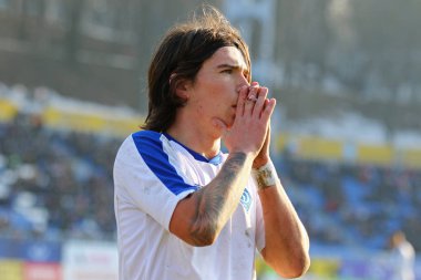 Kiev, Ukrayna - 20 Şubat 2019: Artem Shulianskyi Fc Dinamo Kiev U19, Uefa Gençlik Ligi maçında Juventus U19 Kiev, Ukrayna Valeriy Lobanovskiy Stadyumu'nda karşı tepki verir. Dinamo 3-0 kazandı