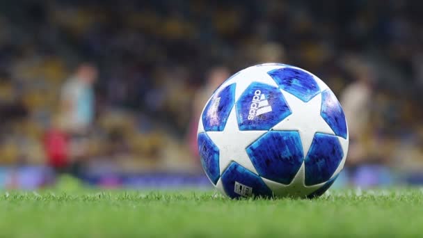 Hivatalos Uefa Bajnokok Ligája 2018/19-szezon matchball, a fű — Stock videók