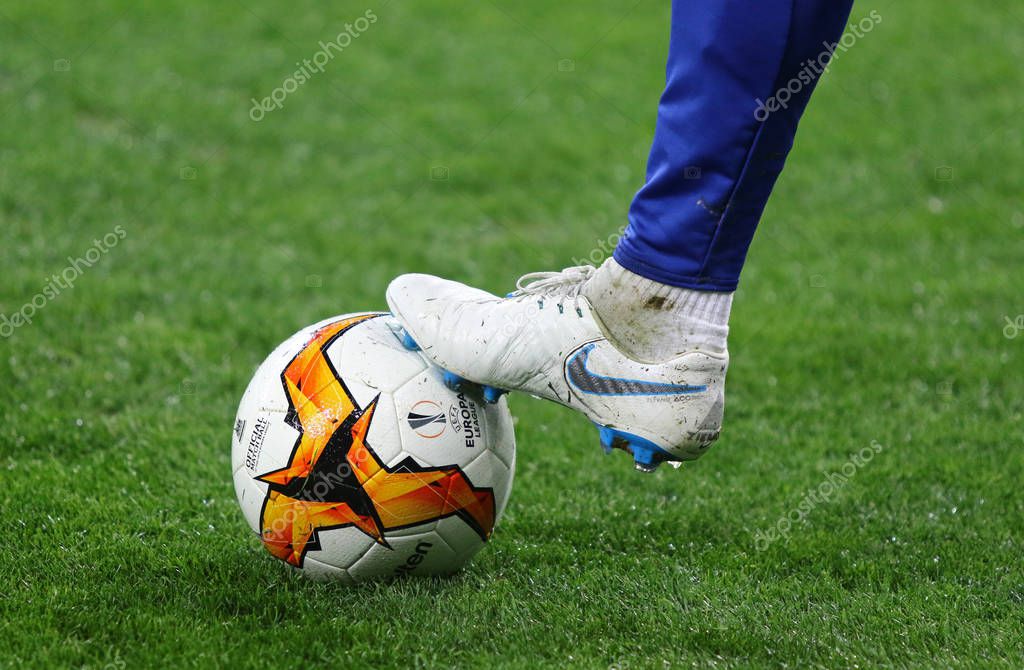 KYIV, UKRAINE - MARCH 14, 2019: Official UEFA Europa League 2018/19 season match ball on the grass during the UEFA Europa League game FC Dynamo Kyiv v Chelsea at NSC Olimpiyskyi stadium in Kyiv