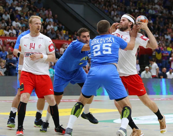 Ehf Euro 2020 Elemeleri hentbol oyunu Ukrayna v Danimarka — Stok fotoğraf