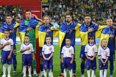 Wroclaw, Poland - September 5, 2025: Players of Ukraine National Team listen to National anthem before the FIFA World Cup 2026 Qualifying round game Ukraine v France at Tarczynski Arena in Wroclaw.