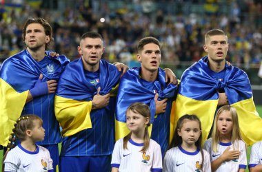 Wroclaw, Poland - September 5, 2025: Players of Ukraine National Team listen to National anthem before the FIFA World Cup 2026 Qualifying round game Ukraine v France at Tarczynski Arena in Wroclaw.