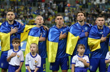 Wroclaw, Poland - September 5, 2025: Players of Ukraine National Team listen to National anthem before the FIFA World Cup 2026 Qualifying round game Ukraine v France at Tarczynski Arena in Wroclaw.