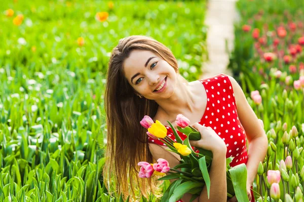 Frau schneidet die Tulpen — Stockfoto