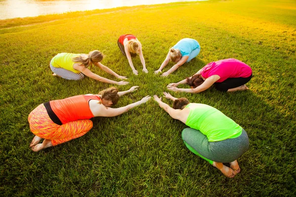 Grup Genç kadını pratik yoga daire — Stok fotoğraf