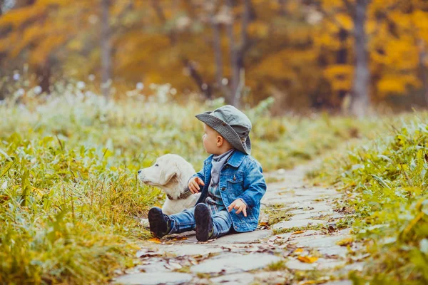 Junge mit Golden Retriever Welpe — Stockfoto