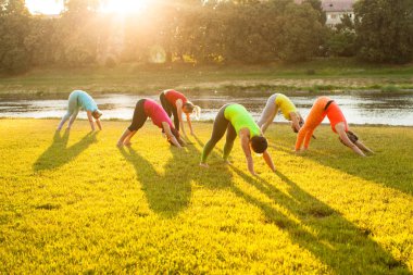 Grup çimlerde yoga uygulamak kadın