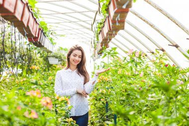Çiçekler sera içinde çalışan sevinç