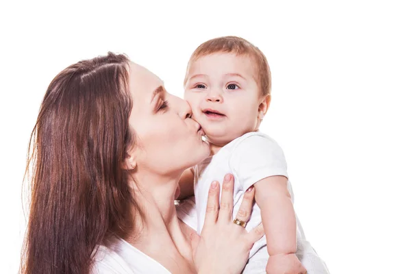 Boldog anya és a gyermek, fehér alapon portréja — Stock Fotó