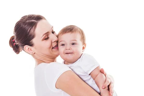 Adorável mãe e bebê em um fundo branco — Fotografia de Stock