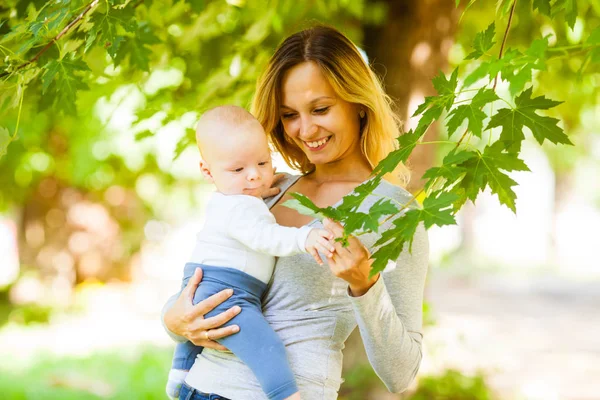 Atractiva mujer sosteniendo a su bebé mostrando hojas en un árbol — Foto de Stock