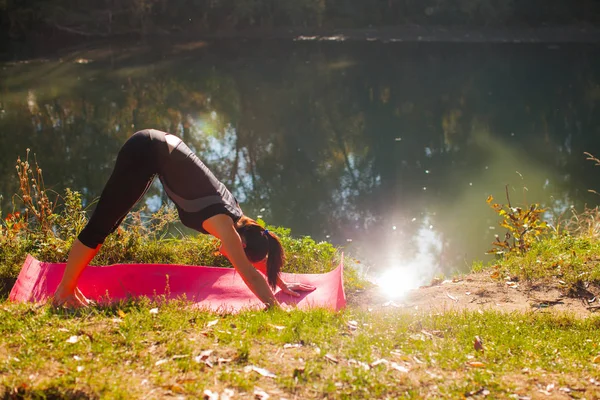 Belle femme faisant de l'exercice d'étirement en forêt — Photo