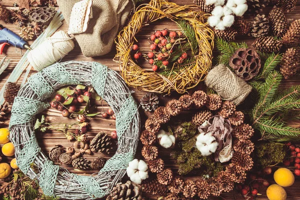 Nature wreath making top view on the table