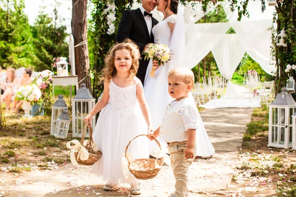 Noiva e noivo beijando na cerimônia de casamento — Fotografia de Stock