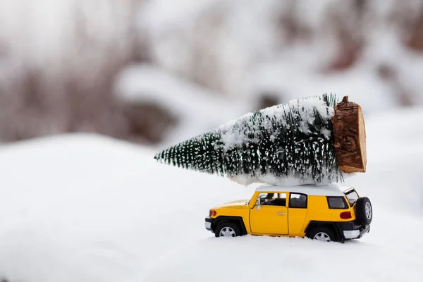 Miniaturní žluté auto, smrk. Vánoční téma. — Stock fotografie