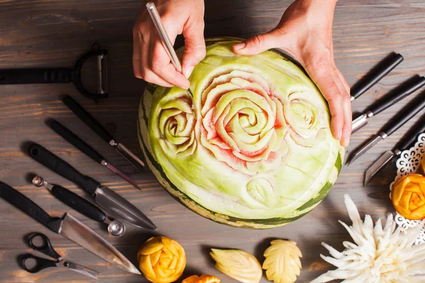 Carved watermelon fruit, top view on the table — Stock Photo, Image