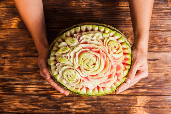 Carved watermelon fruit, top view on the table — Stock Photo, Image