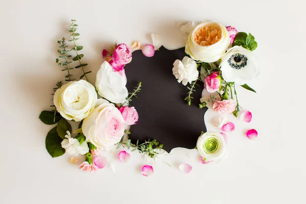 Floral wedding frame with black paper template — Stock Photo, Image