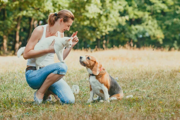 Propietario de mascotas de rodillas hoding su gato y la formación de su perro —  Fotos de Stock