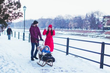 Çift küçük çocukları ile kızak iterek