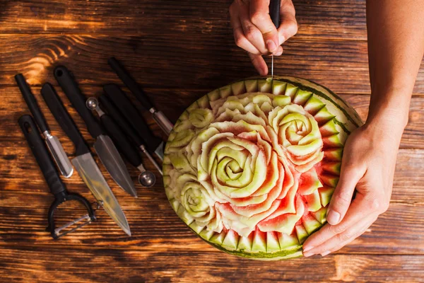 Carved watermelon fruit prepared for the carving — Stock Photo, Image